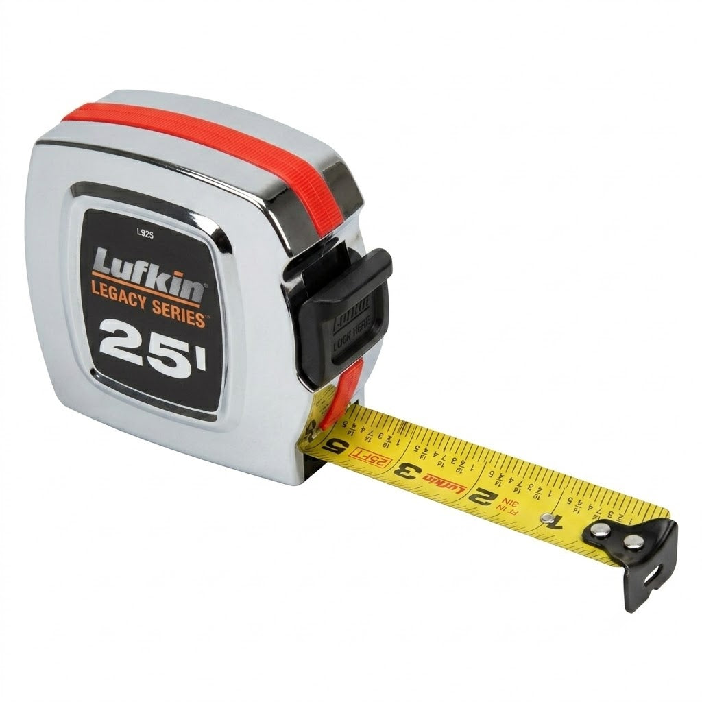 Lufkin Legacy Series 25-foot tape measure with a chrome silver body