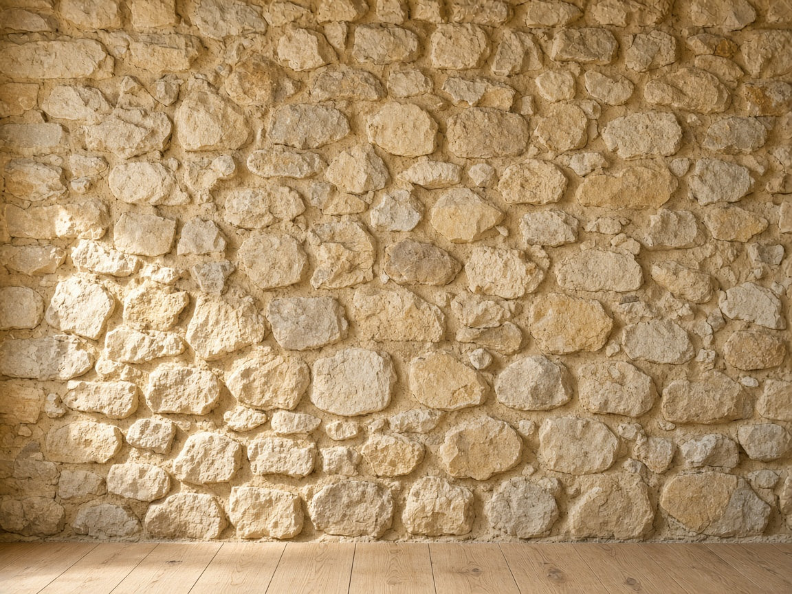 Old limestone rubble foundation wall with fresh lime mortar joints