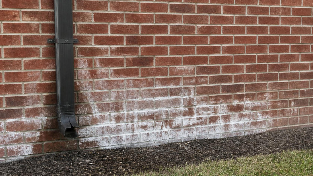 Red brick wall with a white efflorescence bloom spreading across the lower courses, heaviest beside a dark downspout that ends in a crushed, open bottom just above the mulch bed