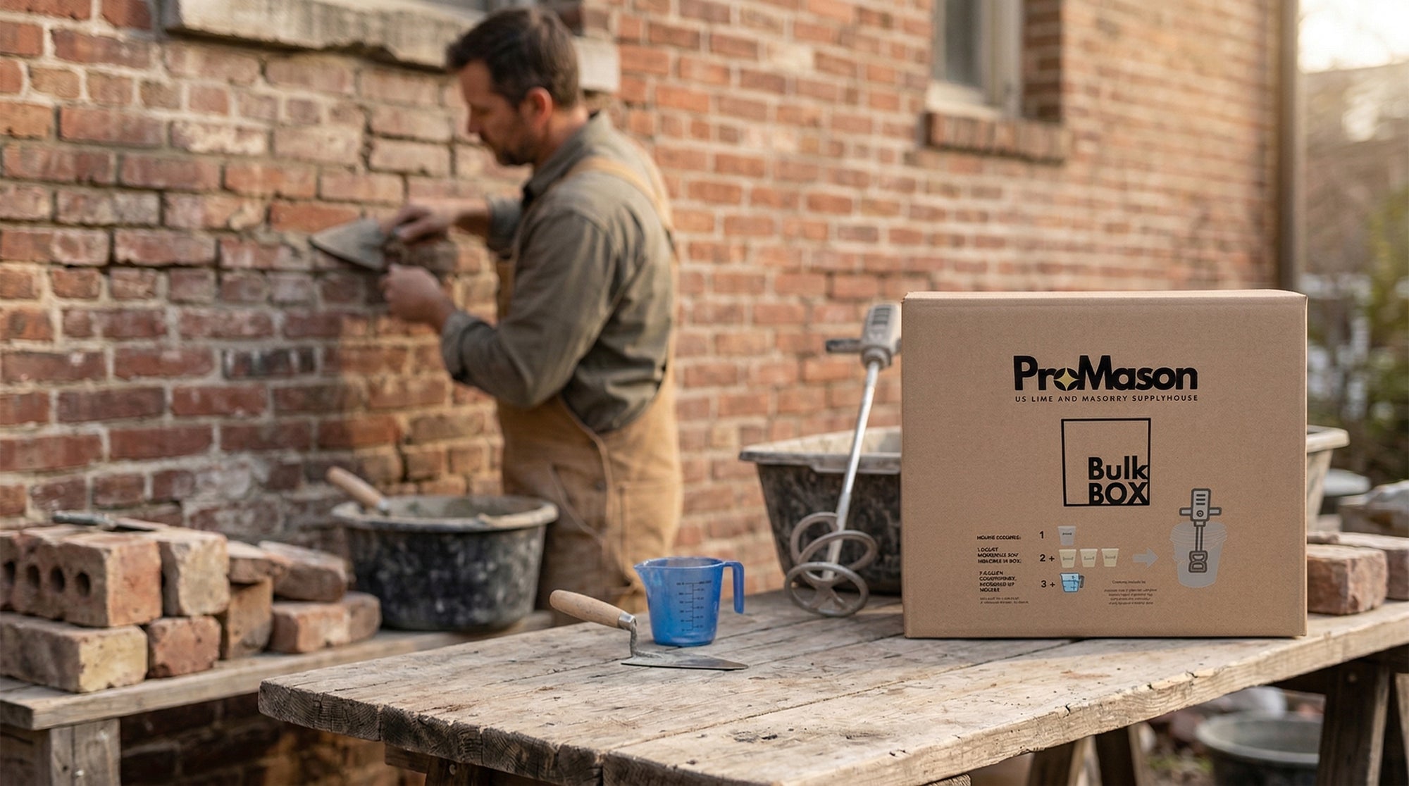 Mason pointing historic brick beside a Pro Mason Bulk Box