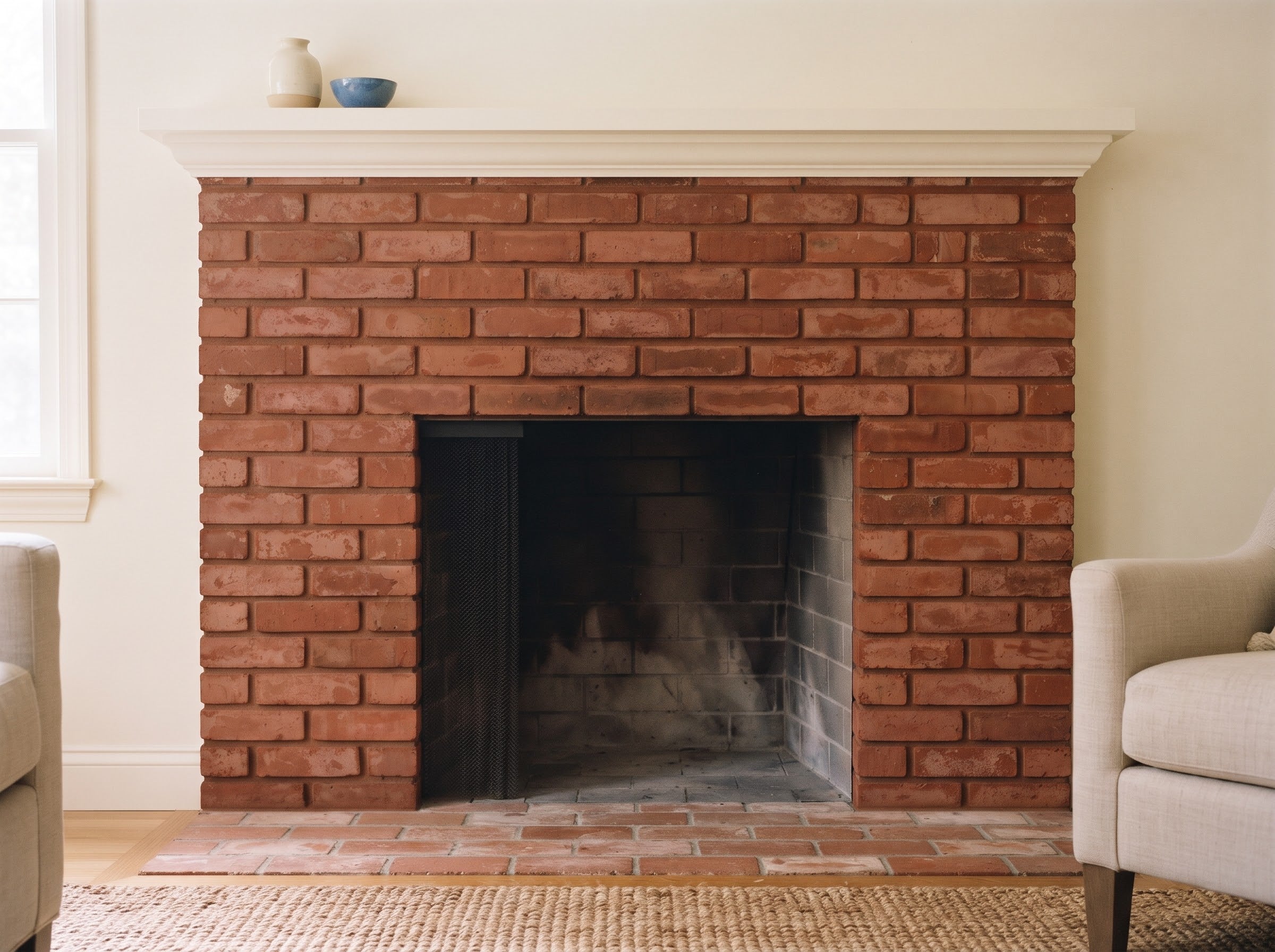 Same brick fireplace after Masonry Stain: warm, even color