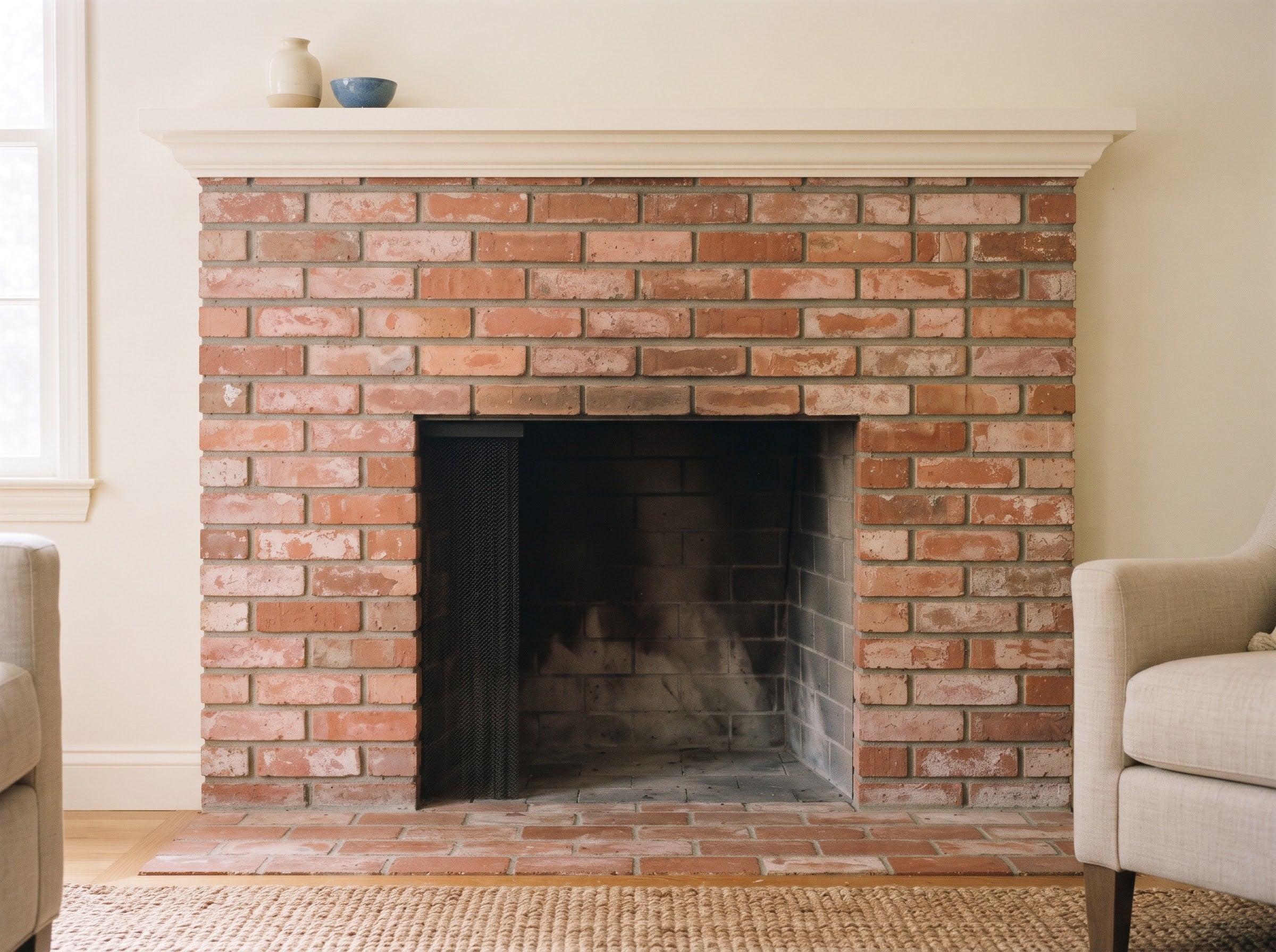 Brick fireplace before: faded, uneven color