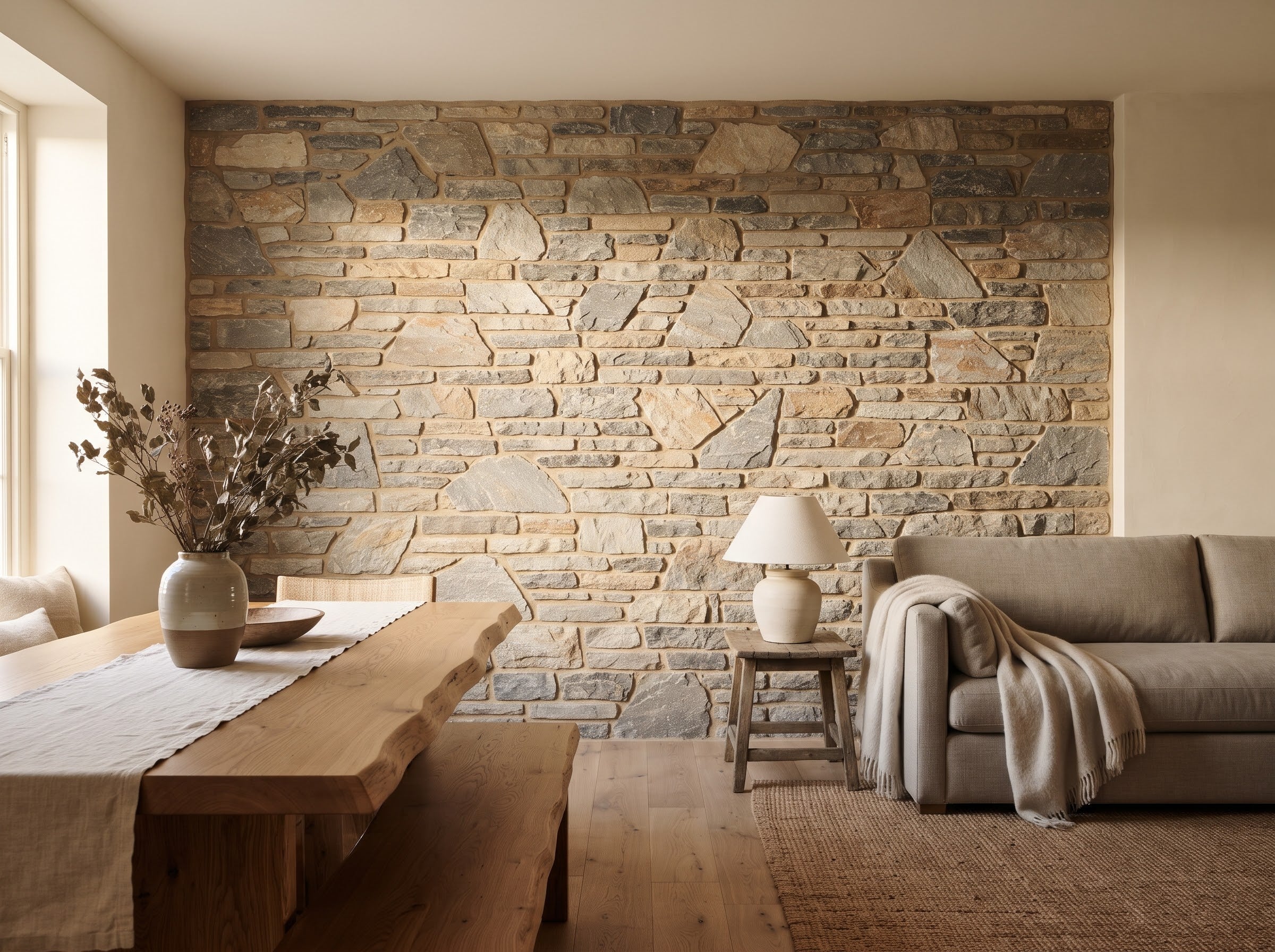 Interior stone wall in a dining room