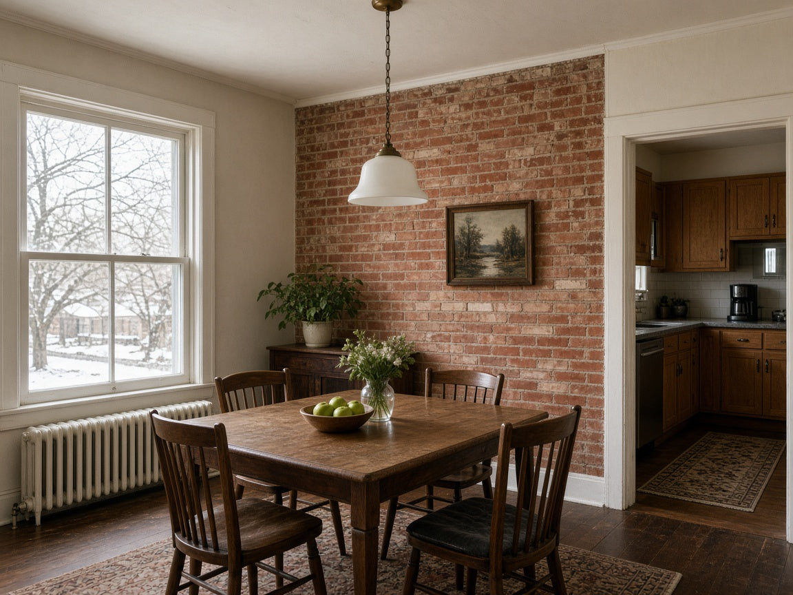 Interior brick wall in a dining room
