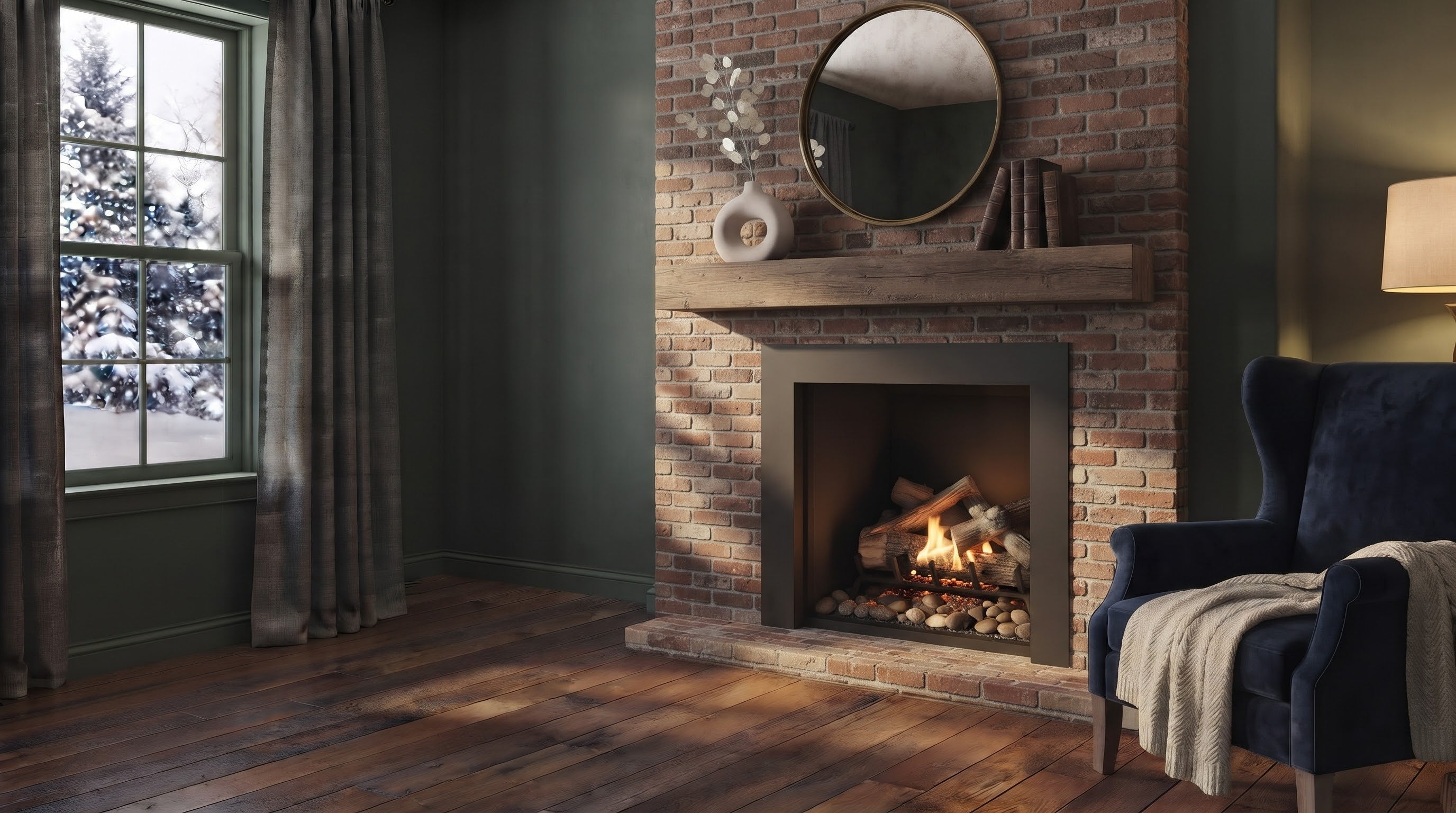 Brick fireplace with a wood mantel in a warm living room